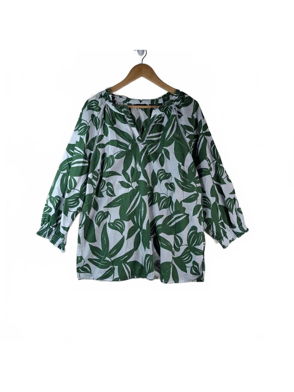 Talbots 100% Cotton Botanical Paradise Green/White Leaf Print Tunic Top Size XL